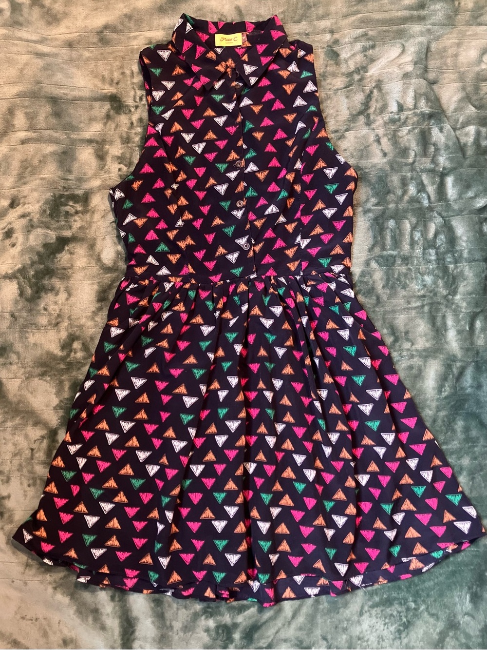 Sleeveless Black Dress with Multicolor Triangle Print